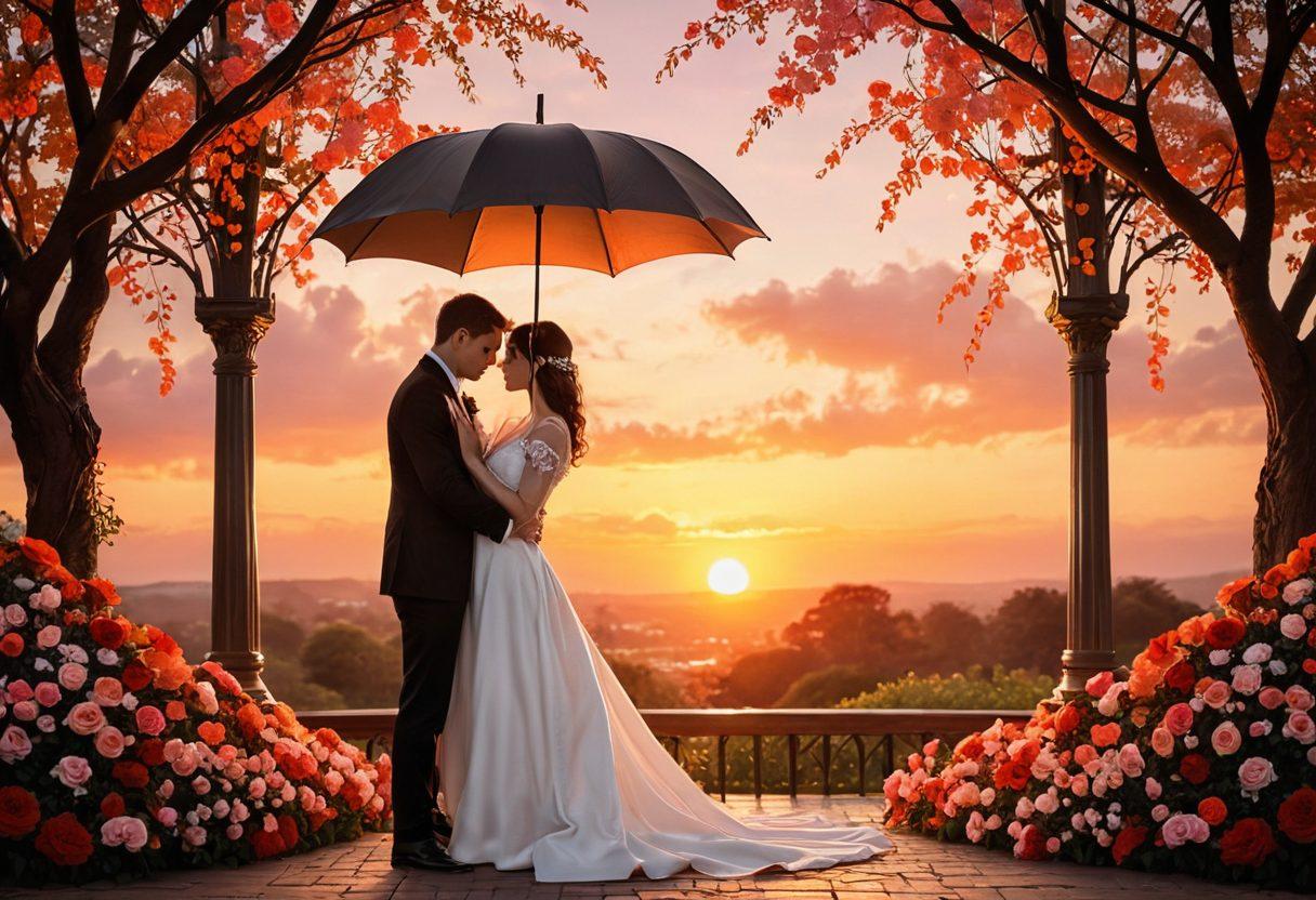 A romantic scene featuring a couple embracing under a heart-shaped umbrella, surrounded by symbols of love like roses and intertwined wedding bands. In the background, a beautiful sunset casts warm tones, representing security and intimacy. Subtle elements of insurance symbols blend into the design, showcasing a connection between love and protection. A soft glow enhances the atmosphere, inviting warmth and trust. vibrant colors. soft background.