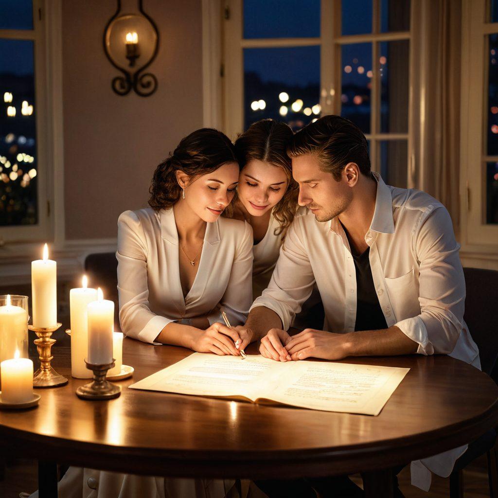 A cozy, intimate scene featuring a couple sitting together at a table, reviewing exclusive insurance plans with a warm glow from soft candlelight. Include visuals of a heart-shaped policy document and icons representing love and partnership. The atmosphere is romantic and reassuring, showcasing trust and connection. Soft pastel colors for a gentle, inviting feel. super-realistic. vibrant colors.