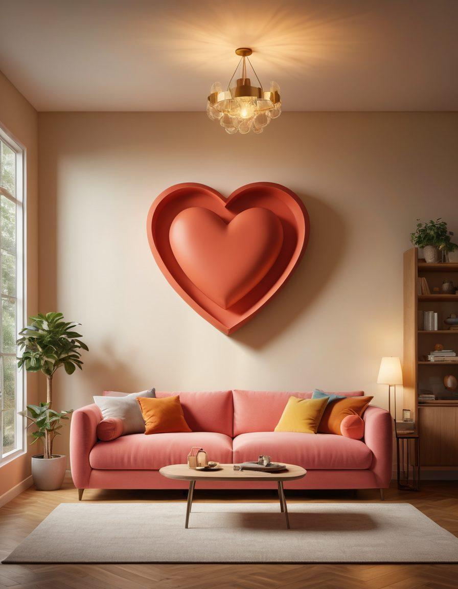 A warm and inviting scene depicting a couple in a cozy home, surrounded by symbols of security such as a shield and heart intertwined, with soft lighting that conveys affection and safety. Include various modern insurance-related icons like a house, a car, and a family in the background to emphasize innovative options. The atmosphere should evoke trust and peace of mind. super-realistic. vibrant colors. warm tones.